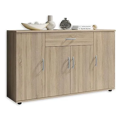 Kommode Sonoma Eiche - 4 Türen Sideboard für Ihr Wohnzimmer - Moderne Kommode in Sonoma Eiche Nachbildung, ideal für Wohnzimmer. Bietet viel Stauraum mit 4 Türen und 1 Schublade, einfach zusammenzubauen.