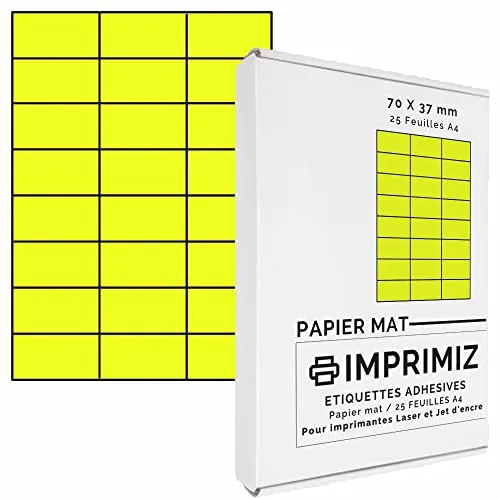 Selbstklebende Etiketten Neon Gelb von 70 x 37 mm - 24 Etiketten/Blatt - 25 Blatt A4 / Papier matt - Farbe - Für Inkjet/Laser/Kopier Drucker - Etiketten farbig 600