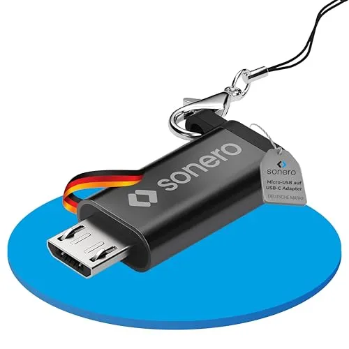 Sonero Micro USB auf USB-C Adapter, kompatibel mit Apple Geräten, OTG Unterstützung, Perfekt für e-Bikes geeignet, inkl. Schlaufe/Karabiner, Aluminium Gehäuse, schwarz