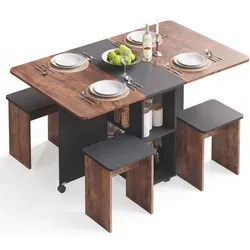 Mondeer Esstisch mit 4 Hockern Platzsparend (120x80?33x80cm), Rollbar mit Bremsen, 3-in-1 Funktion & Schnell Aufgebaut Braun und Schwarz