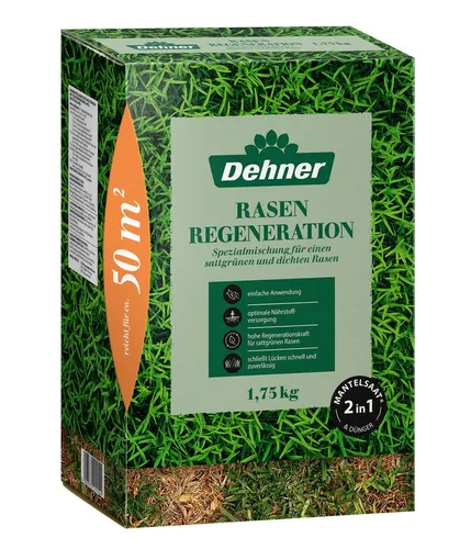 Dehner Rasen-Reparatur Regeneration - Gräsersamen & -pflanzen, Kombination aus Saatgut und Dünger für schnell keimende und strapazierfähige Rasenflächen, ideal zum Füllen von Lücken für einen dichten, grünen Teppich.