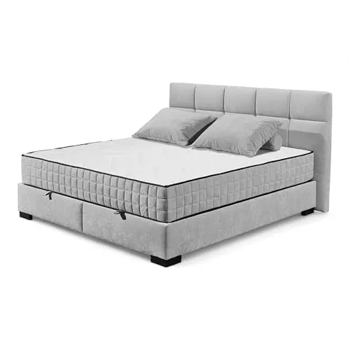 NAGOL A Boxbett 160x200, Silber - Bequemes Doppelbett mit Bettkasten und Premium 9-Zonen-Federkern Wendematratze - 185 x 114 x 214 cm (B/H/T)