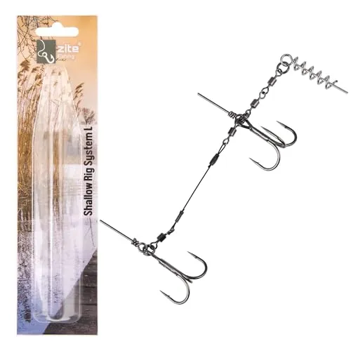 Zite Fishing Shallow Rig Hechtsystem Größe L 13cm | Big Bait Fertigmontage Drillingssystem Raubfischangeln | Angsthaken Flachwasser System Gummifische 21-26cm | Raubfisch Gummifischmontage, Gummifisch