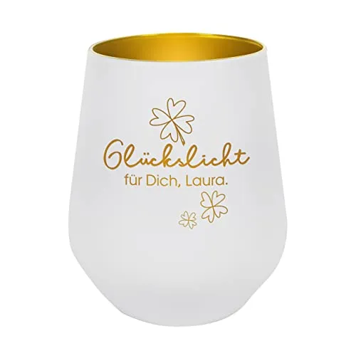 Herz & Heim® graviertes Windlicht mit Aufschrift Glückslicht und Wunschtext/Geschenkidee (Standard)
