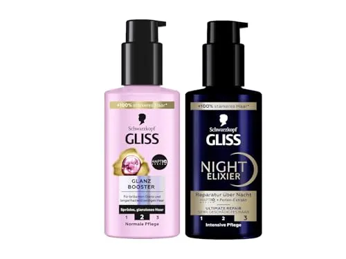 GLISS Glanz Booster Haarserum (100 ml), Haarpflege für brillanten Glanz, Leave in Haarpflege & Gliss Night Elixier Ultimate Repair (100 ml), Haarserum regeneriert geschädigtes Haar im Schlaf