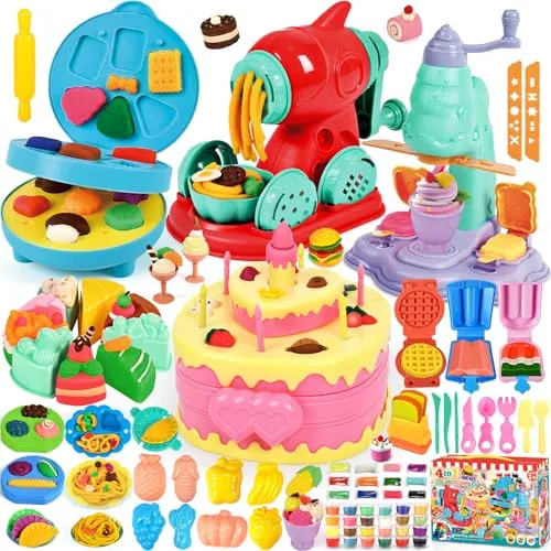 Stück Knete Zubehör Set für Kinder, 4-in-1 Eismaschine Nudelmaschine Kuchen Burger Party mit 24 Knetmasse, Kitchen Creations Knete Set, Geschenk für Mädchen Junge Kinder Ab 2-12 104