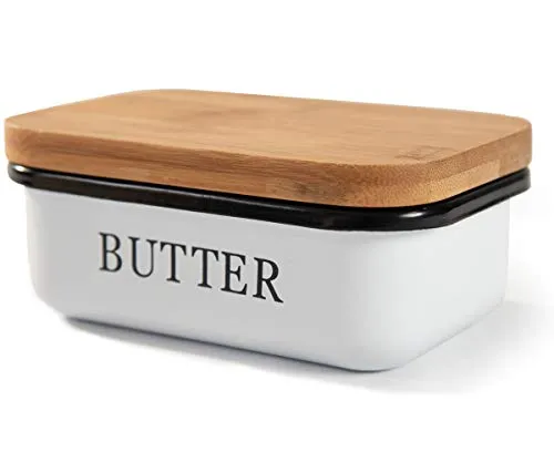 Theo&Cleo Butterdose mit Holzdeckel, Butterglocke für 250 g Butter, Multi-Funktion Butter Dish, Bambusdeckel, Weiß
