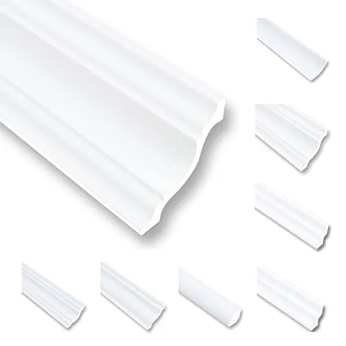 Meter Deckenleisten Styropor NK80 - 8m Zierprofile für elegante Deckenabschlüsse - 8 Meter Styropor Deckenleisten NK80 in Weiß, perfekt für einen eleganten Wand-Decke-Übergang. Überstreichbar und einfach zu verarbeiten, ideal für jedes Zuhause.
