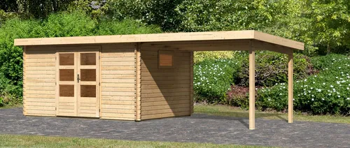 Karibu Gartenhaus Trittau 5 mit Anbaudach - Gartenhaus aus 38 mm starken Wandbohlen, extrem stabil und einfach aufzubauen. Mit patentierter 6-Plus-Eckverbindung für hohe Wetterbeständigkeit und großzügigem Tageslichteinfall.