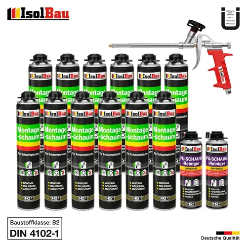 Bauschaum Set 12 x 750ml mit Pistole & Reinigern - Bauschaum Set für Isolierung, inkl. 12x750ml PU-Schaum, 2 Reiniger und Schaumpistole. Hohe Bindekraft und schnelle Aushärtung in 45 Min, ideal für professionelle Anwendungen.