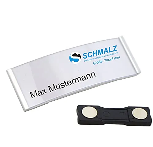 Schmalz® Namensschild Relax aus Aluminium | mit starkem Magnet | Doppelmagnet | silber eloxiert | professionelle Qualität | modisch gewölbt | 70x25mm | mit Papiereinschub |Namensschilder|edel|(silber)