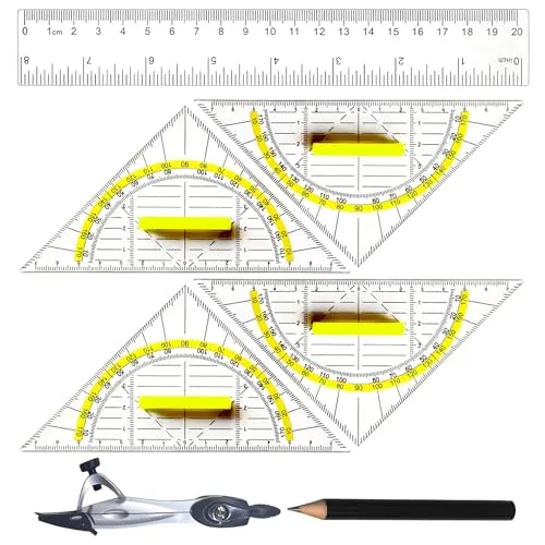 YPYMOD Mathematik-Geometrie-Set mit 4 Stück Geodreieck(16cm) mit Griff, Lineal(20cm), Kompass, Bleistiften und mehr für Schüler, Lehrer und Mathematikliebhaber