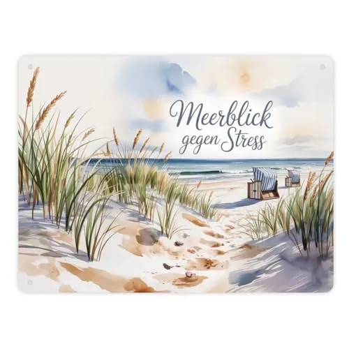 Ostsee Strandkorb Metallschild XL in 21x28 cm - Meerblick gegen Stress Lustiges Blechschild für Strandkorb-Fans
