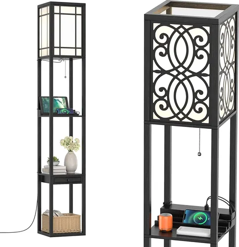 COSTWAY Stehleuchte Regal aus Holz mit E27 Fassung - Moderne Stehlampe mit 3-stufigen Regalen für Schlafzimmer und Wohnzimmer. Bietet praktische Ablageflächen und ein sanftes Licht für eine angenehme Atmosphäre.