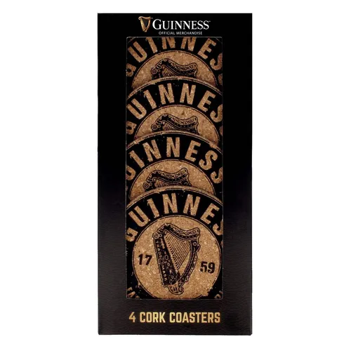 Guinness Cork 4 Pack Coasters With 1759 St. James's Gate Harp Design