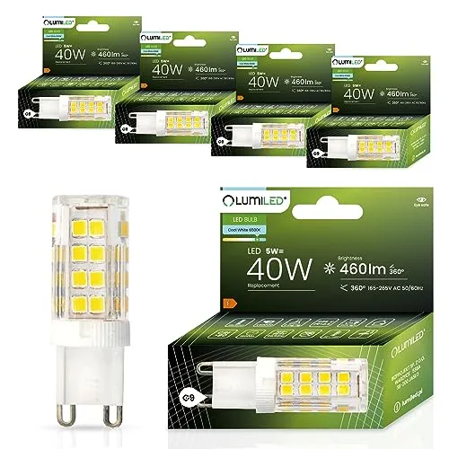 Lumiled LED Lampen G9 5er Set Leuchtmittel 5W (ersetzt 40W Glühlampe) 6500K Kaltweiß 470lm 360° Lichtwinkel 230V Glühbirnen kleine Birne Energiesparende kein Flackern SMD Lichtquelle