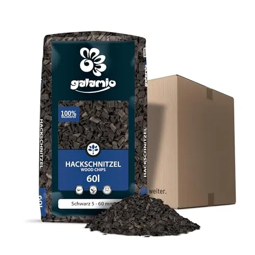GALAMIO Holzhackschnitzel Schwarz Hackschnitzel Mulch Natur Wald Kiefer Pinus Sylvestris Garten Dekor Holz Häcksel Grob 5-60mm 60l Sack / 1 Karton Paligo