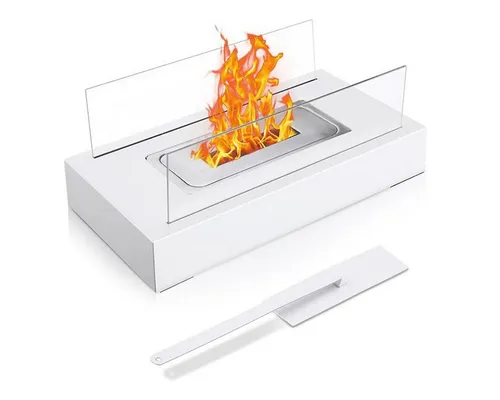 Bioethanol Tischkamin - Indoor & Outdoor, Sicherheitsglas & Löschgerät - Dekokamine: Dieser Tischkamin aus Sicherheitsglas bietet eine stabile Flamme und eine lange Brenndauer. Ideal für Innen- und Außenbereiche, sorgt er für gemütliche Atmosphäre ohne Rauch und Geruch.