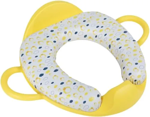 Poupy Gelber Toilettensitz für Kinder, mit Griffen zum Halten und Rückenlehne, bequem gepolstertem Softtablet und waschbarem Sitz