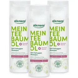 alkmene Mein Teebaumöl Anti Schuppen Shampoo 3x 200 ml weniger Schuppen in 2 Wochen, vegan, klimaneutral, gegen Schuppen