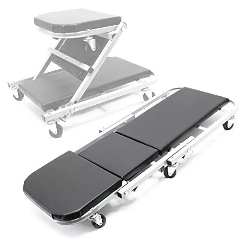 Wiltec 2-in-1 Montageliege & Werkstattsitz - Werkstatt-Liegewagen mit gepolsterter Liegefläche, umwandelbar von Liege zu Sitz und ideal für Arbeiten unter Fahrzeugen, Traglast bis 150 kg und 6 drehbare Lenkrollen für einfache Handhabung.