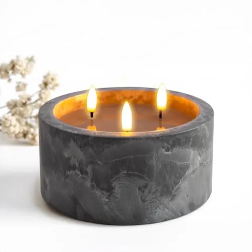 LED 3-Docht Kerze in Beton Optik mit Timer batteriebetrieben - 15 x 8 cm - Künstliche Kerze im Keramik Becher mit 3 Flammen warmweiß - Weihnachten Advent Dekokerze mit Flacker Effekt für Innen