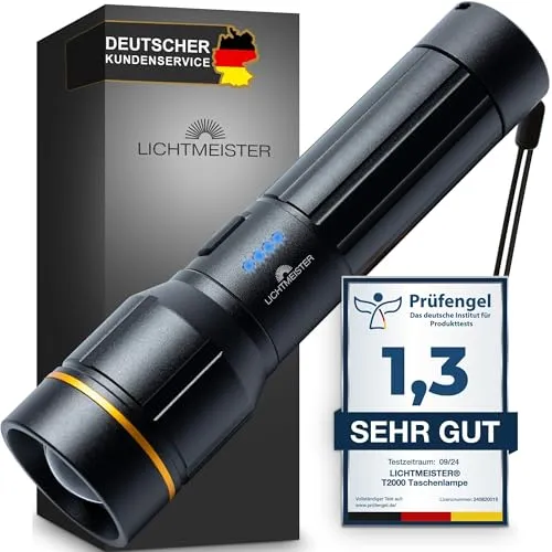 LICHTMEISTER® Taschenlampe 2000 Lumen - Wiederaufladbare LED-Taschenlampe mit Aluminiumgehäuse - Entdecke die LICHTMEISTER® Taschenlampe mit 2000 Lumen für maximale Helligkeit. Der 5000 mAh Akku sorgt für bis zu 8 Stunden Licht. Spritzwassergeschützt und robust – ideal für Outdoor-Aktivitäten und den täglichen Einsatz.