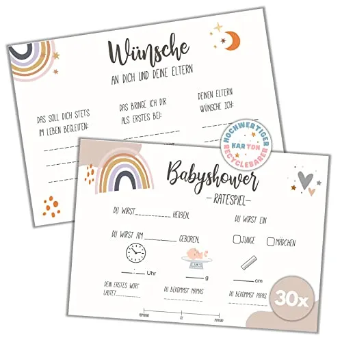 MOCADA 30x Hochwertige Babyparty Ratespiel Karten – Babyshower Spiele Tippkarten zum Ausfüllen für Jungen & Mädchen – Persönliches Geschenk zur Gender Reveal Party (A6 beidseitig bedruckt – Pappe Q)