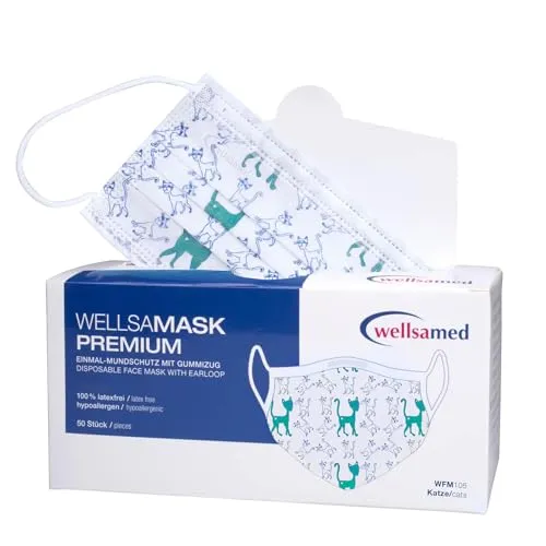 Wellsamed Wellsamask 50 Stück medizinischer Mundschutz Type IIR mit Gummizug, mit Motiv, Katze