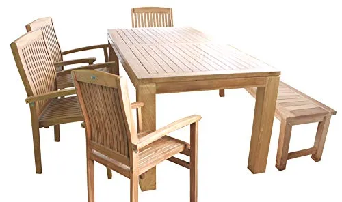 Mojawo 6-TLG. Teakholz Garnitur Esstisch mit Bank und Stühlen - Essgruppe aus echtem Teakholz, ideal für Esszimmer, Balkon und Terrasse. Inklusive 1 Tisch, 1 Bank und 4 Stapelsesseln – langlebig und nachhaltig.