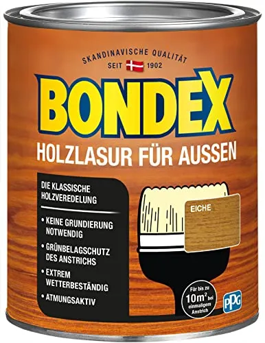 Bondex Holzlasur für Außen Eiche 0,75 L für 10 m² | Hoher Wetter- und UV-Schutz | Natürliches Abwittern - kein Abplatzen | seidenmatt | Holzschutzlasur | Holzlasur