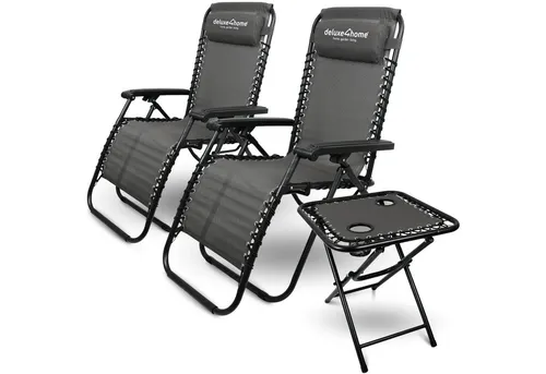 deluxe4home Gartenliege Set mit Klapptisch - 3-teiliges Gartenmöbelset mit 2 klappbaren Liegestühlen und einem praktischen Klapptisch, stufenlos verstellbare Rückenlehne für optimalen Komfort.
