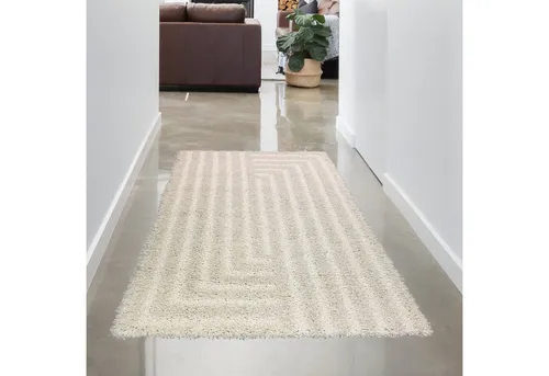 Carpetia Flauschiger Wohnzimmer Teppich mit Linien Muster in Creme - Weicher Hochflor-Teppich für ein gemütliches Ambiente. Mit stilvollem geometrischen Muster und langen Fransen für einen modernen Look. Strapazierfähig und pflegeleicht, perfekt für Wohn- und Schlafzimmer.