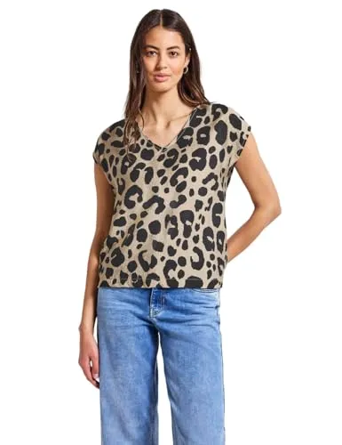 STREET ONE Damen A345683 Gemustertes V-Neck Shirt, Coastal Beige - Blusen & Tuniken für Damen, lässiges Sommershirt mit V-Ausschnitt und seitlichen Schlitzen für optimalen Tragekomfort