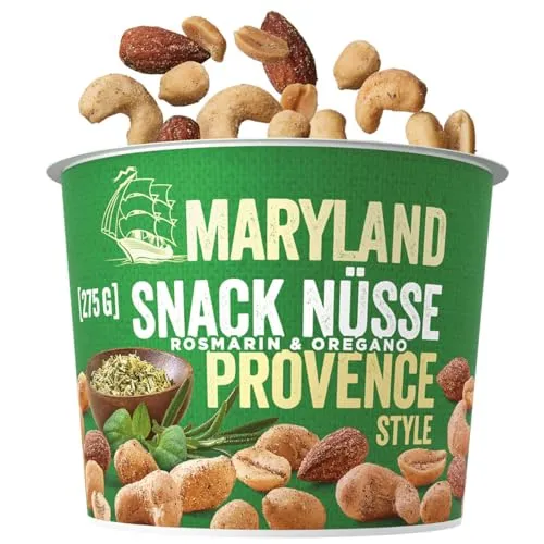 Maryland Snack Nüsse Provence 275g Becher - Nuss-Mischungen mit mediterranen Gewürzen, ideal für Snacks und Parties – ein einzigartiges Aroma durch Rosmarin & Oregano.