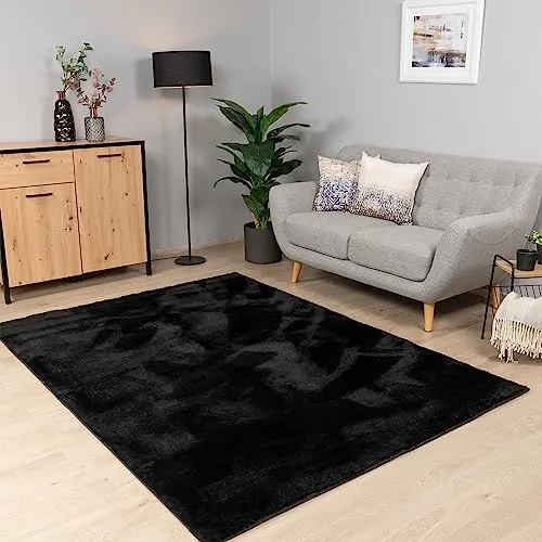 Paco Home Teppich Wohnzimmer Schlafzimmer Kurzflor Waschbar Einfarbiges Muster Flauschig Weich rutschfest Moderne Deko, Grösse:120 cm Rund, Farbe:Schwarz