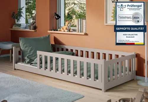 Montessori Kinderbett 80x180 cm mit Rausfallschutz - Stilvolles Bodenbett für Kinder, ausgestattet mit Rausfallschutz und flexiblem Zugang. Hergestellt aus robustem Kiefernholz, ideal für sicheren und gemütlichen Schlaf.