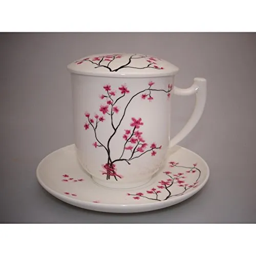 TeaLogic Tasse Cherry Blossom - Spülmaschinengeeignet - Thermobehälter in elegantem Weiß mit Kirschblütenmotiv, perfekt für Teeliebhaber und einfach zu reinigen.