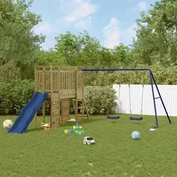 vidaXL Spielturm mit Rutsche und Schaukel - Verwandeln Sie Ihren Garten in einen Abenteuerspielplatz! Dieser Spielturm aus imprägniertem Kiefernholz bietet zahlreiche Aktivitäten wie Klettern, Rutschen und Schaukeln für endlosen Spielspaß. Robuste Konstruktion für sicheres Spielen.