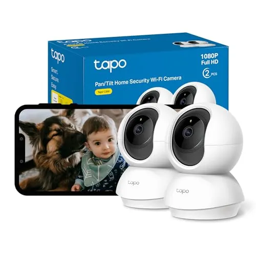 Tapo C200 2-Pack 1080p Pan/Tilt Indoor Camera, Babyphone, Bewegungserkennung, anpassbarer Privatsphäre-Modus, 2-Wege-Talk, Nachtsicht, Cloud und lokaler Speicher, funktioniert mit Alexa und Google