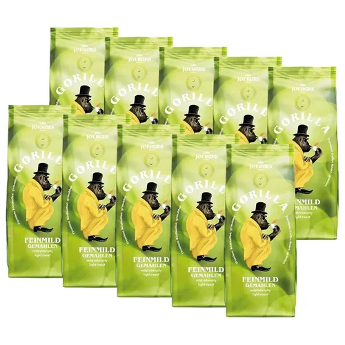 10x Gorilla Kaffee Feinmild gemahlen 500g - Mild & Aromatisch - Genießen Sie den milden Geschmack dieses Kaffeepulvers von Joerges. Ideal für die tägliche Kaffeepause und perfekt für Liebhaber sanfter Aromen.