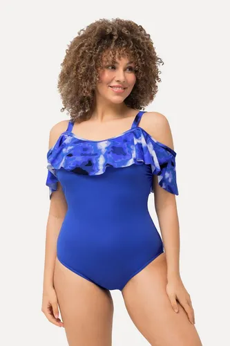 Ulla Popken Badeanzug mit Volant im Batikdruck – Größe 52 - Sportlicher Badeanzug in stahlblau mit modischem Batikdruck. Die Softcups und der Volant sorgen für einen perfekten Sitz und zusätzlichen Komfort. Ideal für den nächsten Strandbesuch!
