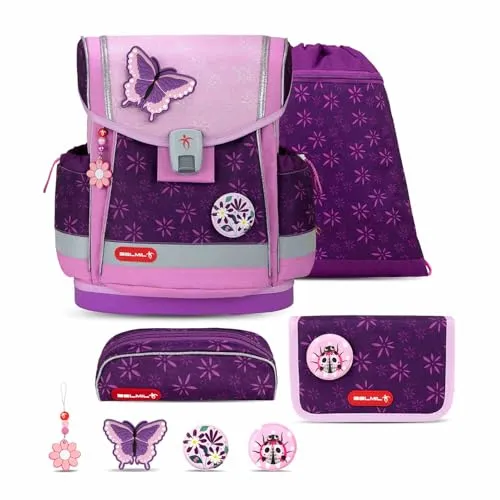Belmil Classy Plus Schulranzen Set 5-teilig mit Brustgurt (Purple Spring) - Ergonomisches 5-teiliges Schulranzen-Set mit Brustgurt, ideal für die Grundschule. Leicht, wasserabweisend und von der Aktion Gesunder Rücken e.V. geprüft.