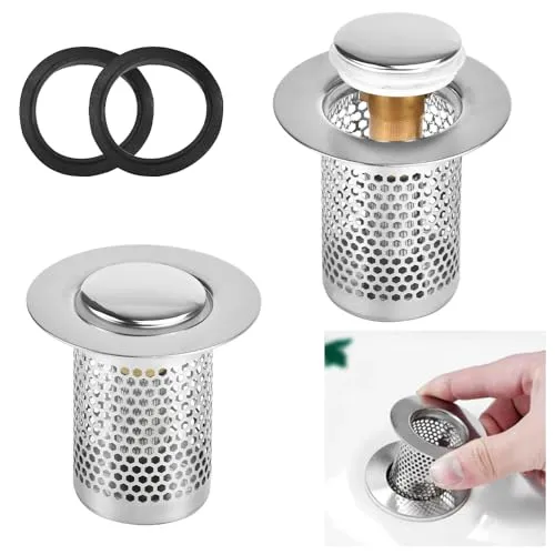 ADERTOS 2 Stück Abflussfilter Waschbeckenstöpsel Edelstahl Waschbecken Stöpsel Pop Up Ablaufgarnitur Stöpsel zum Drücken Ablaufventil mit Anti Clogging Sieb Abflusssieb für 34-38mm, Tiefe＞5cm Loch
