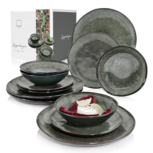 SÄNGER Teller Set Kopenhagen 12 tlg - Steingut Geschirr Set für 4 Personen - Elegantes Tafelservice aus hochwertigem Steingut, spülmaschinenfest und stapelbar. Jedes Stück ist ein handgefertigtes Unikat mit modernem grün-grauem Design.