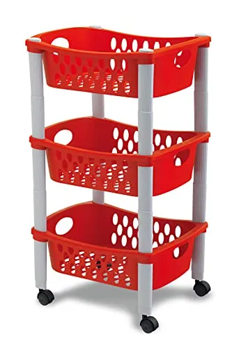 Kreher Multifunktionaler Rollwagen Küchenwagen für Transport und Lagerung mit DREI Körben und Vier Universalrollen - aus stabilem Kunststoff in 3 Farben (Rot)