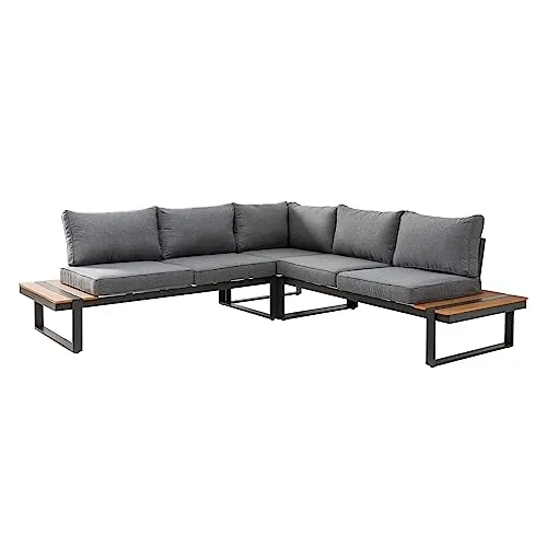 riess-ambiente Sitzgruppe TAMPA LOUNGE 240cm grau/natur - Essgruppen für den Garten, wetterfest und pflegeleicht mit strapazierfähigem Aluminium und WPC, inklusive gemütlicher Kissen für entspannte Stunden im Freien.