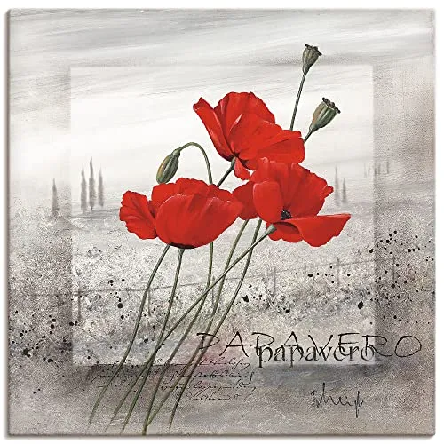 ARTLAND Wanddeko Leinwand Bilder Wandbild 50 x 50 cm Pflanzen Blumen Mohnblumen Rot Nebel Blumenwiese Landschaften Italien Q5JU