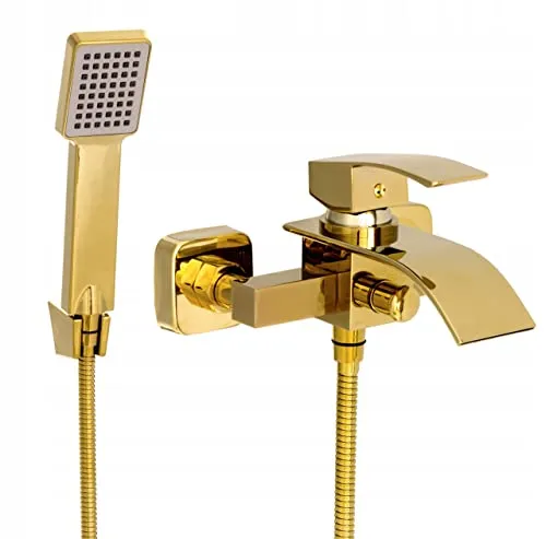 Granitan Badewannenarmatur mit Handbrause - Modisch und Funktionell Wasserhahn Badewanne - Einhand Badewannenarmatur Wasserfall aus Messing - Goldfarben - Elsa