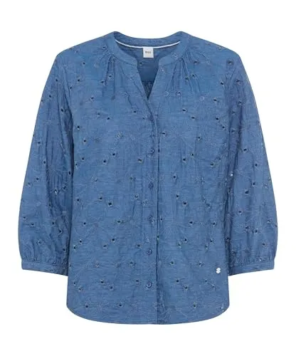 BRAX Feel Good Style Velia Indigo Mood 42 - Elegante Bluse mit Blumenmuster - Feminine Bluse mit 3/4-Arm, V-Kragen und Raffung. Ideal für stilvolle Anlässe und den Alltag. Rückenlänge: 68 cm, Brustumfang: 107 cm. Verfügbar in Größe 36/S. Schick und vielseitig kombinierbar.